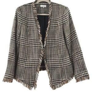 Calvin‎ Klein Blazer Tweed Plaid Fringe Trim Open Front Jacket Black Brown White